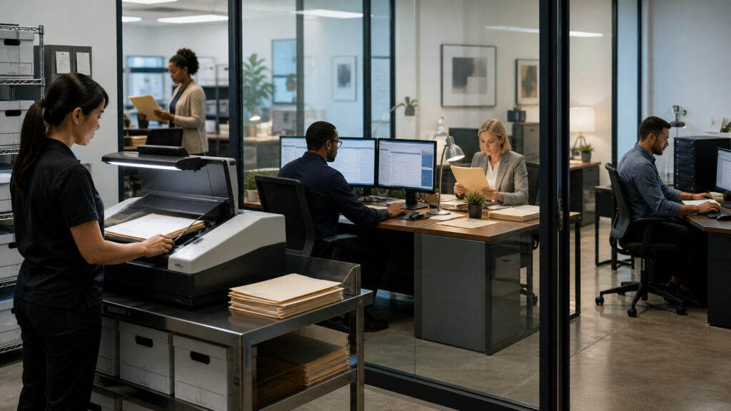 Editorial business scene illustrating document scanners permission structure