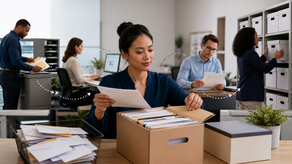 Editorial business scene illustrating document scanners workflow role