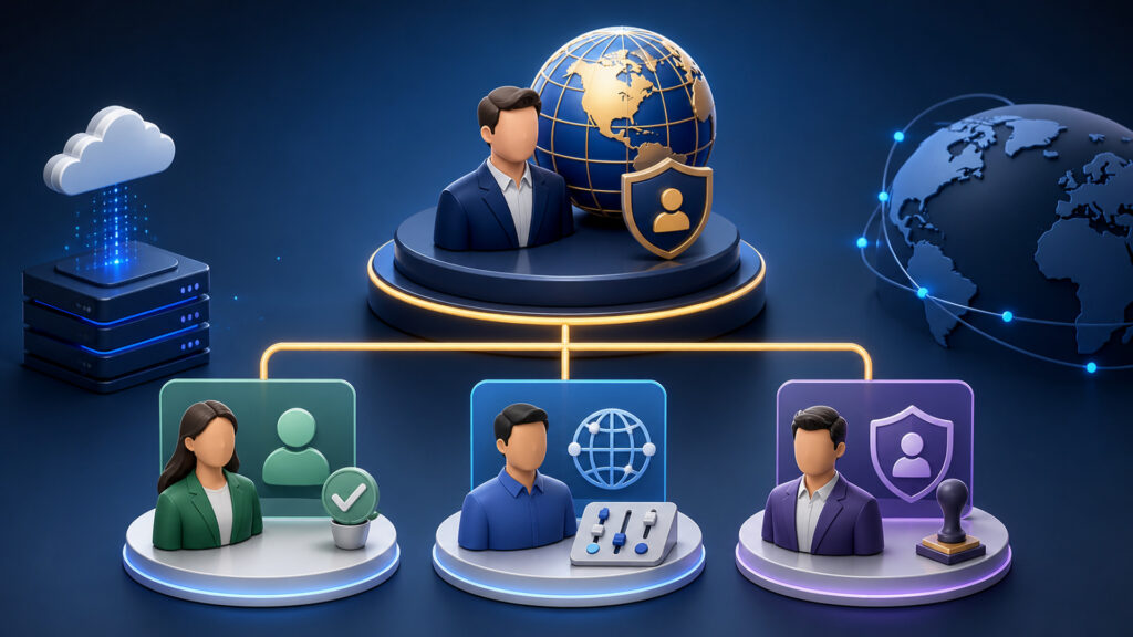 Editorial business scene illustrating domain services permission structure