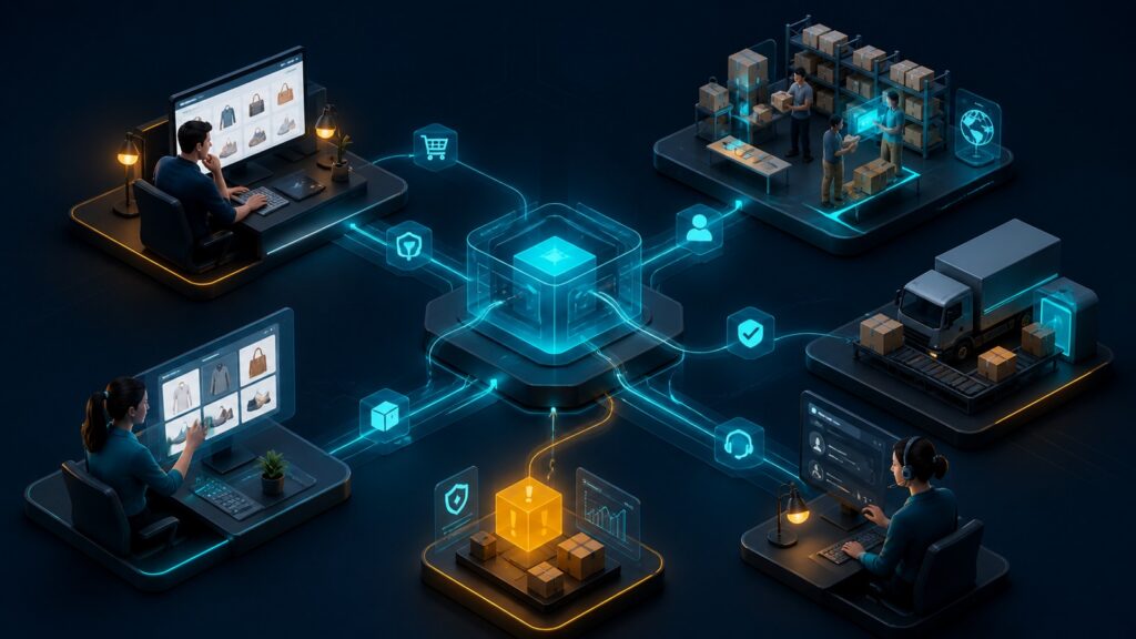 Editorial business scene illustrating dropshipping platforms operating model