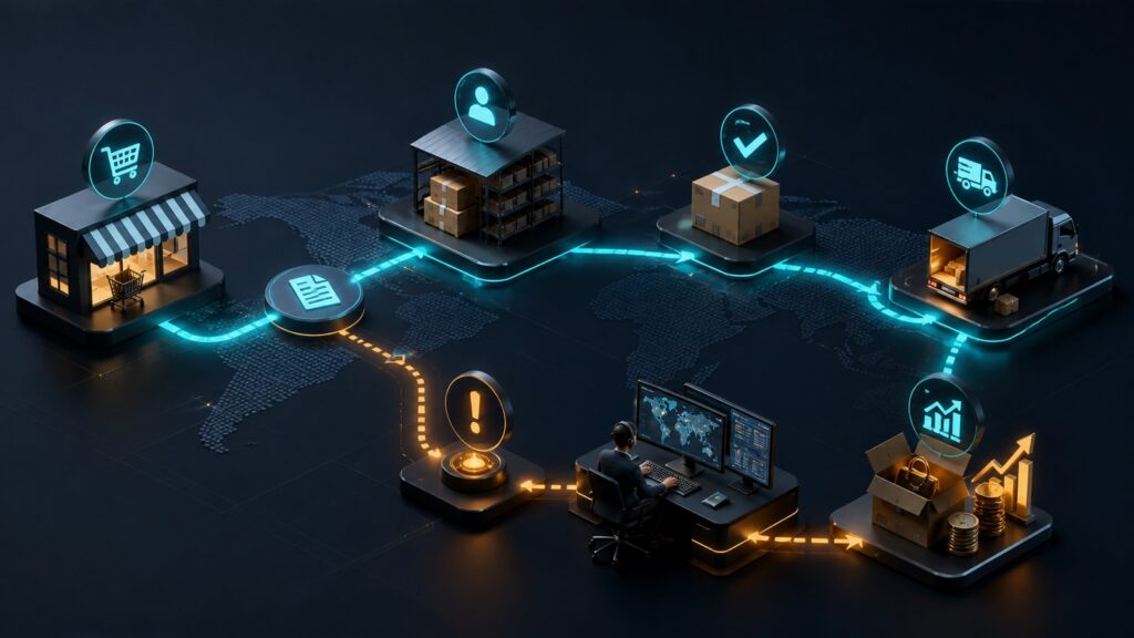 Editorial business scene illustrating dropshipping platforms workflow role