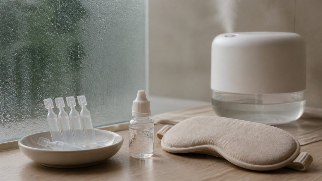 People-free editorial still life illustrating dry eye relief