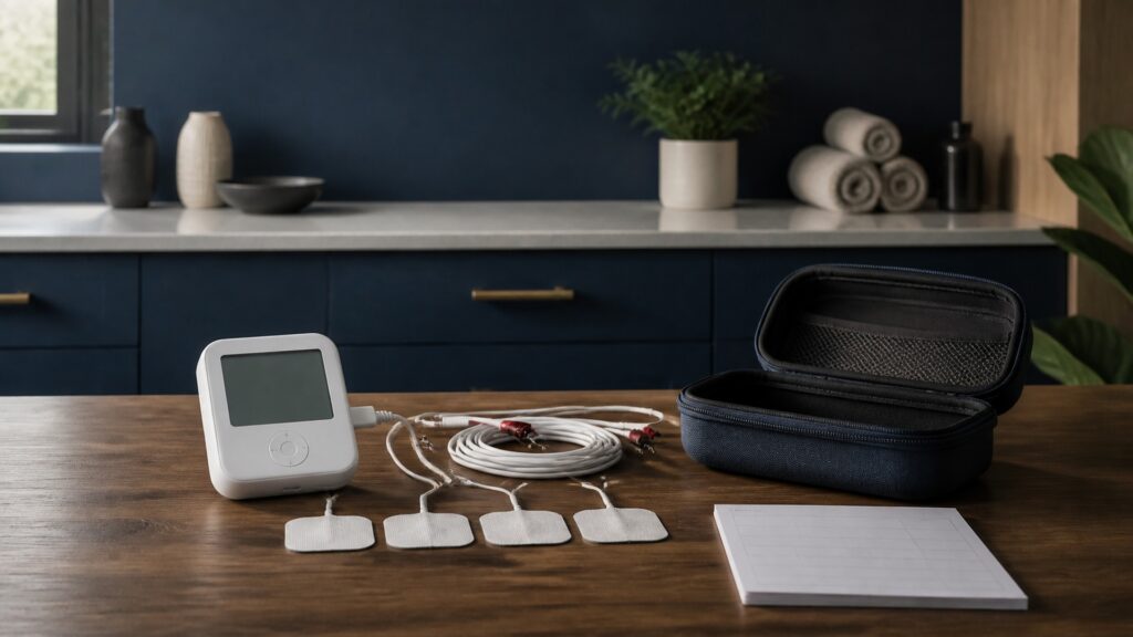 People-free editorial still life illustrating waveform intensity electrode placement duration skin and function context