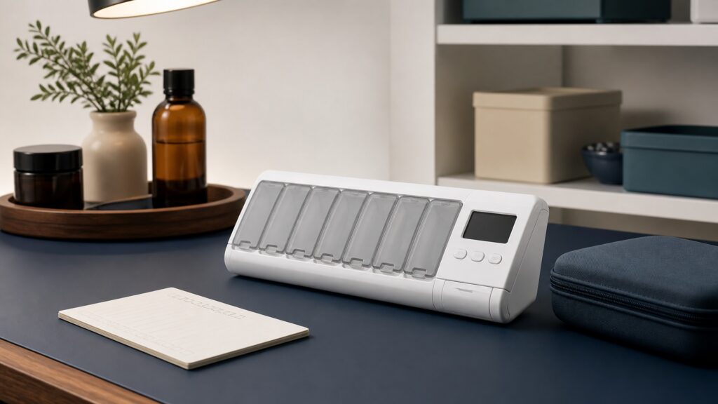 People-free editorial still life illustrating electronic organization can reduce schedule confusion but does not dispense the correct medicine automatically or prove a dose was swallowed