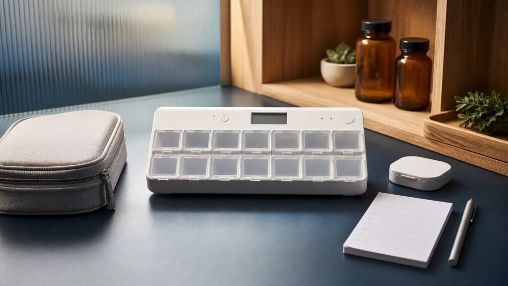 People-free editorial still life illustrating compartments schedule labels alarm lid detection display dexterity battery clock portability fill and history
