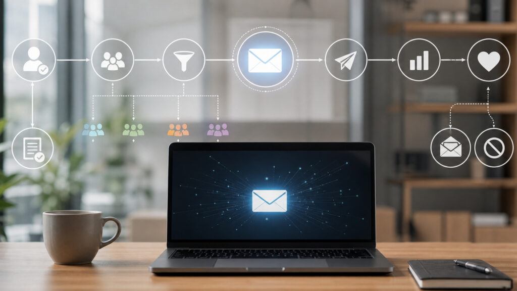 Editorial business scene illustrating email marketing software data flow