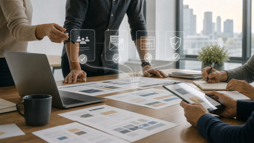 Editorial business scene illustrating email marketing software operating model