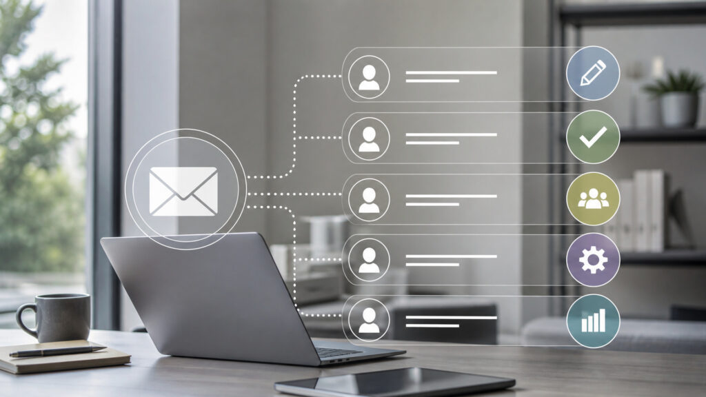 Editorial business scene illustrating email marketing software permission structure