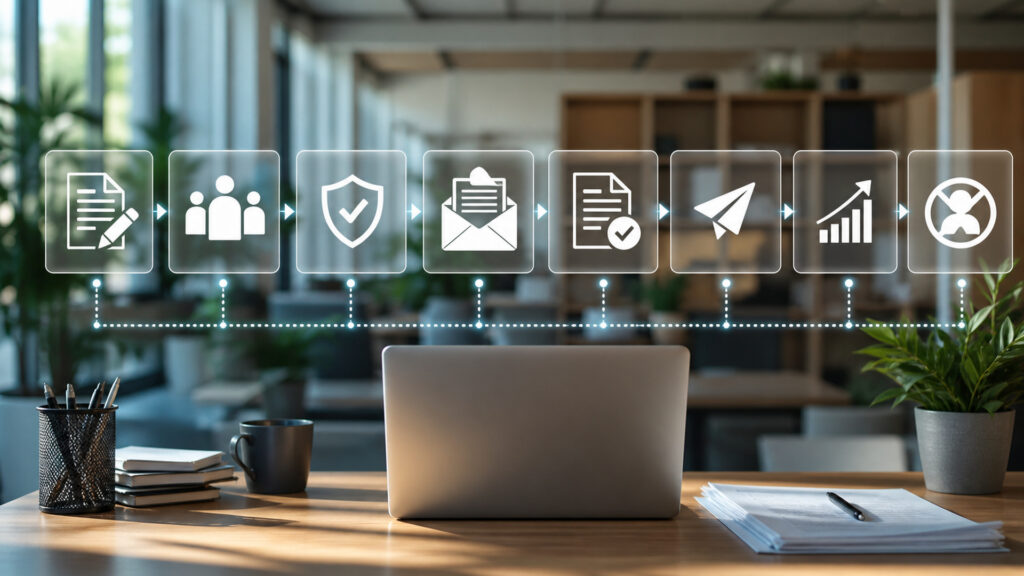 Editorial business scene illustrating email marketing software workflow role