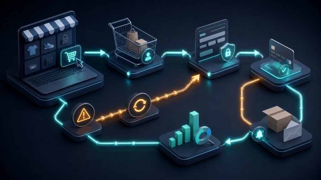 Editorial business scene illustrating embedded shopping cart tools data flow