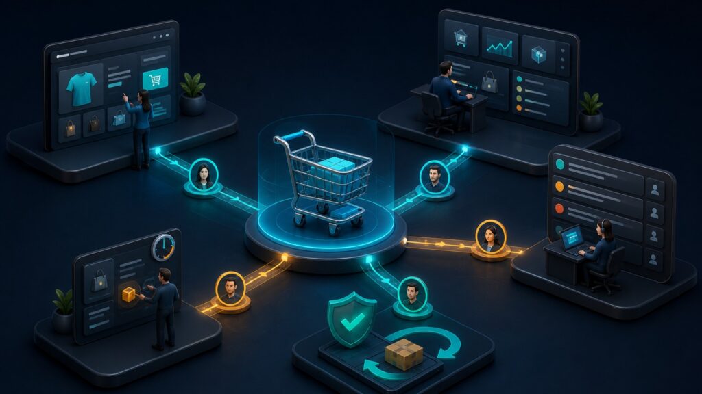 Editorial business scene illustrating embedded shopping cart tools operating model