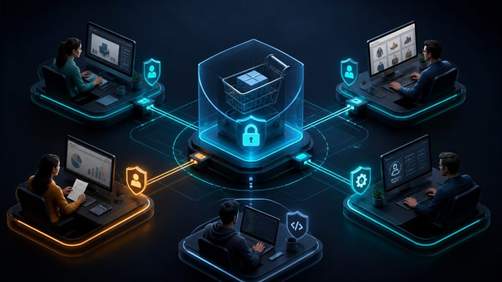 Editorial business scene illustrating embedded shopping cart tools permission structure