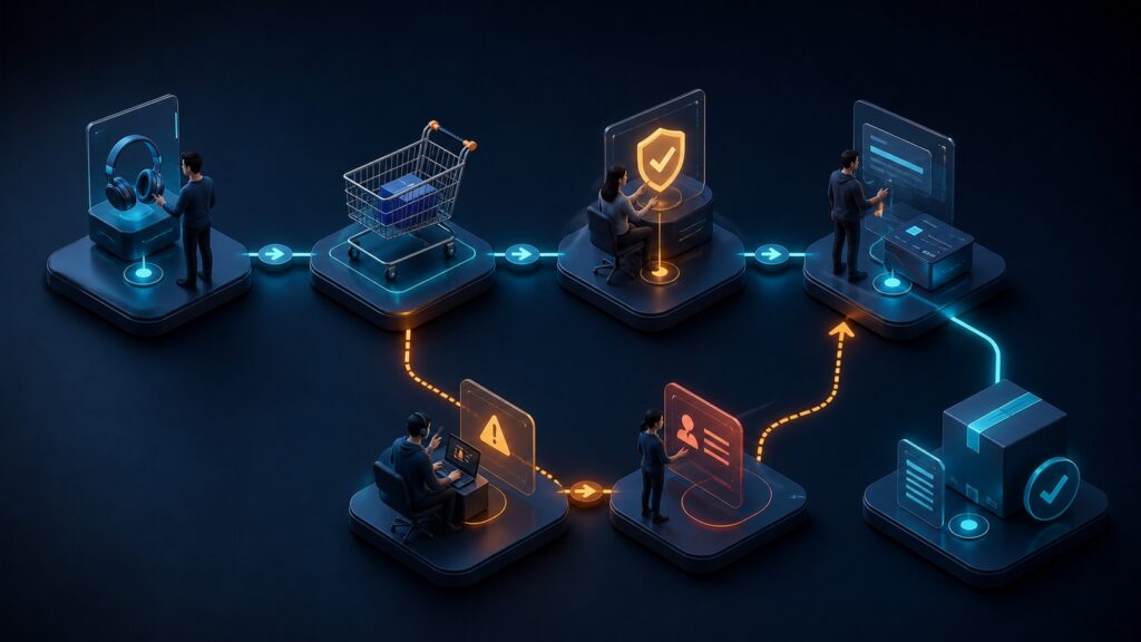 Editorial business scene illustrating embedded shopping cart tools workflow role