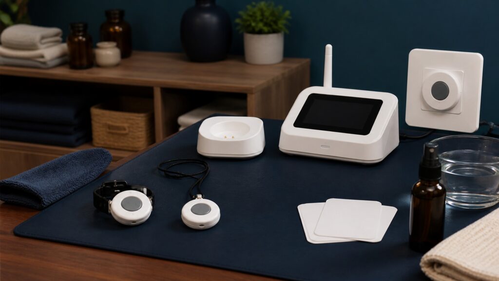 People-free editorial still life illustrating wear position check charge connect test review contacts clean dry recharge and report failure