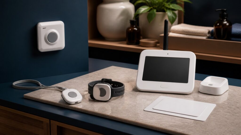 People-free editorial still life illustrating a button may shorten time to request assistance but cannot detect an event if the person cannot or does not press it
