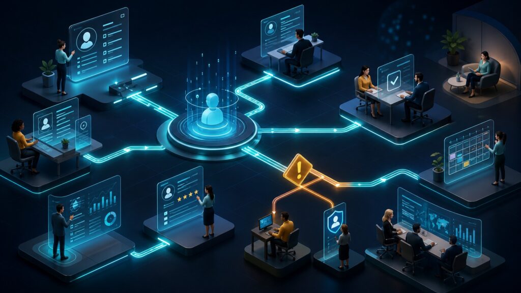Editorial business scene illustrating employee management software data flow