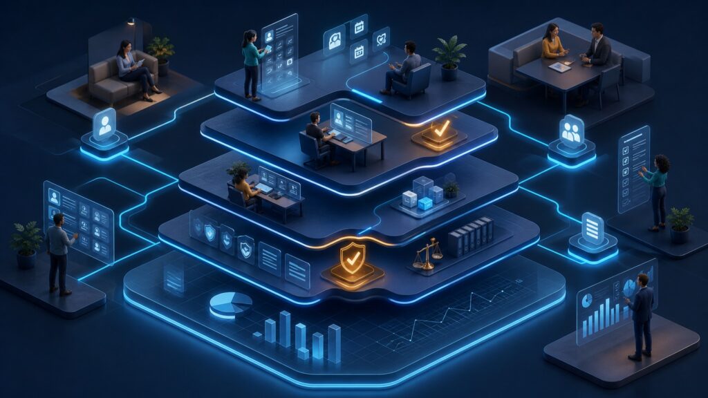 Editorial business scene illustrating employee management software operating model