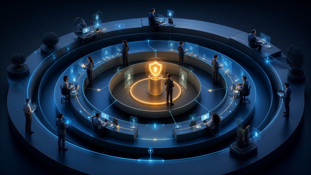 Editorial business scene illustrating employee management software permission structure