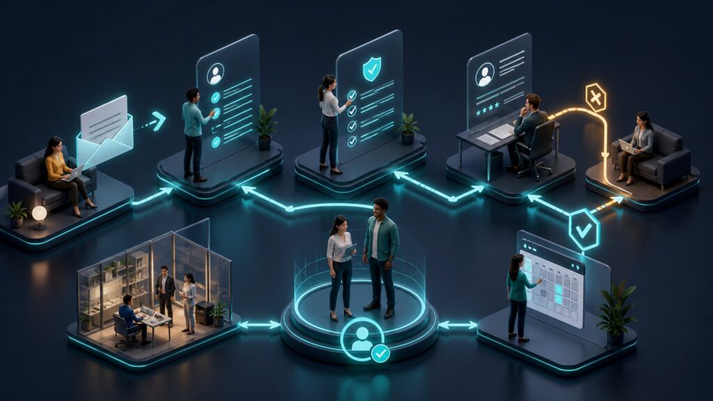 Editorial business scene illustrating employee management software workflow role