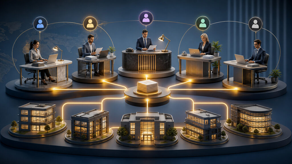 Editorial business scene illustrating enterprise accounting software permission structure
