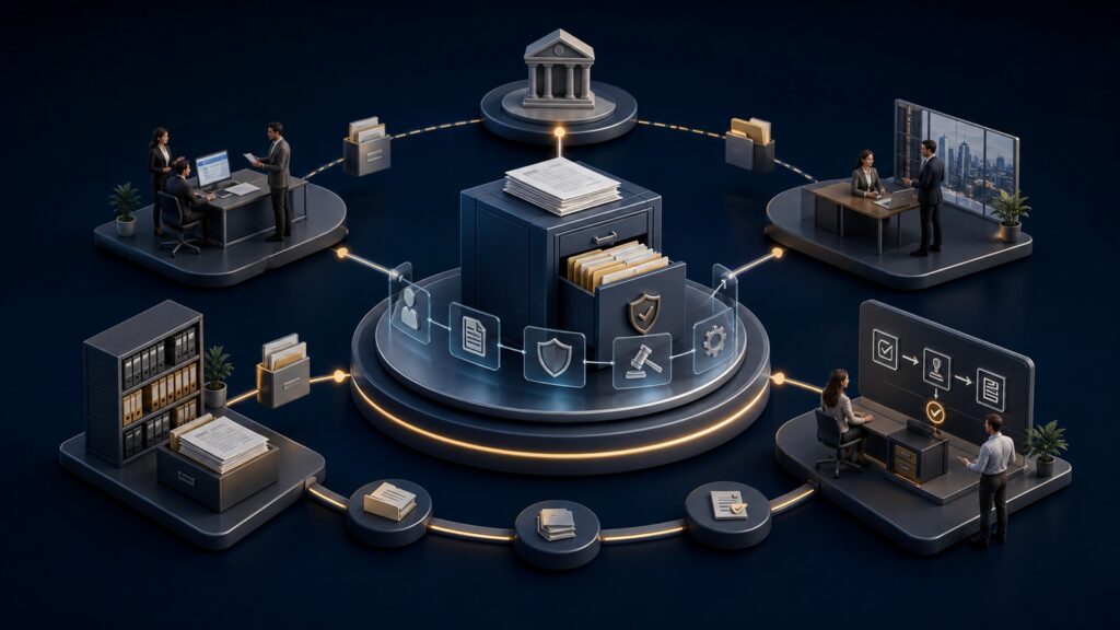 Editorial business scene illustrating enterprise document management software operating model