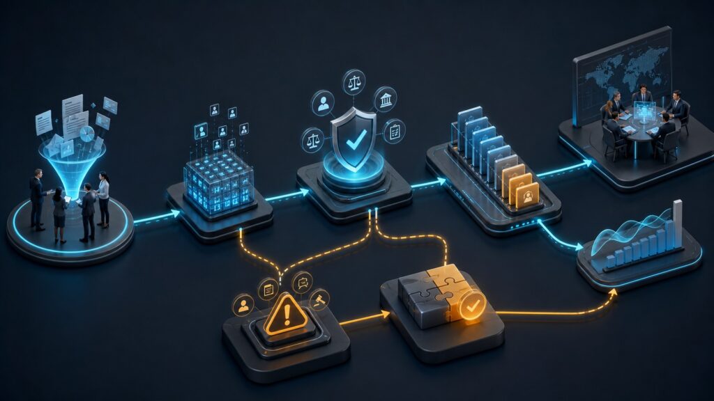 Editorial business scene illustrating enterprise project management software data flow
