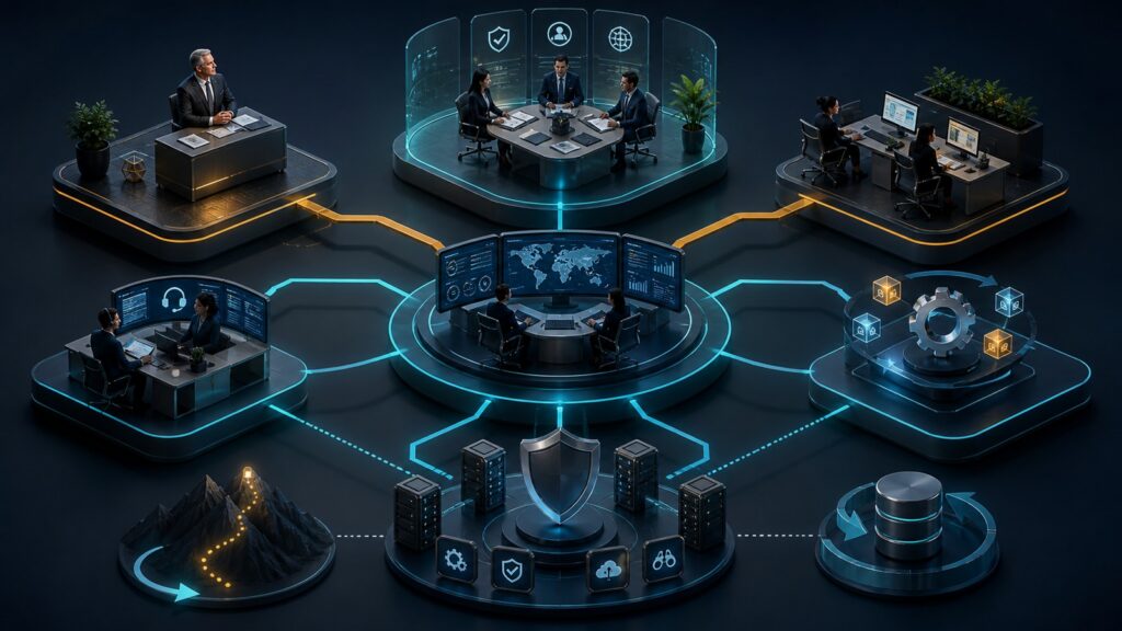 Editorial business scene illustrating enterprise project management software operating model