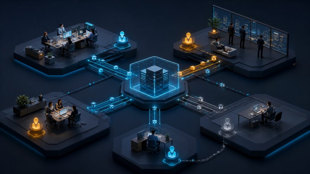 Editorial business scene illustrating enterprise project management software permission structure