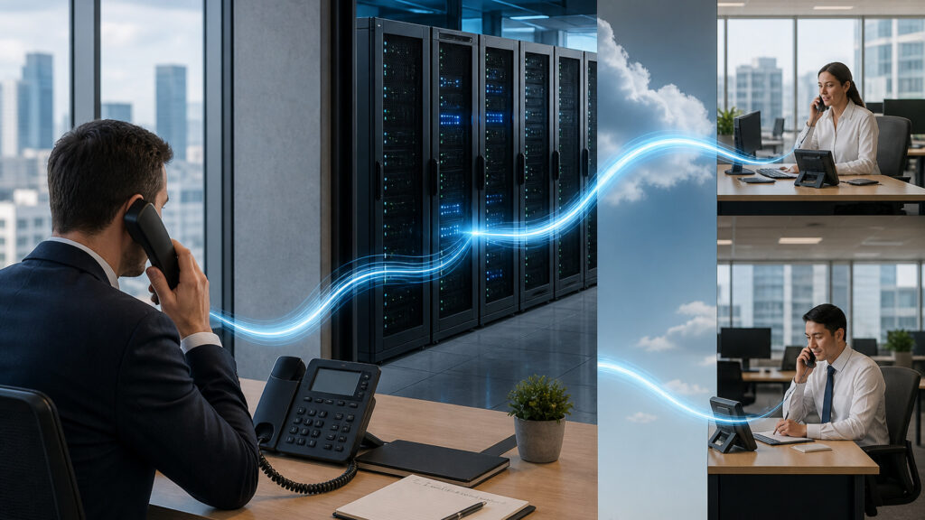 Editorial business scene illustrating enterprise voip systems data flow