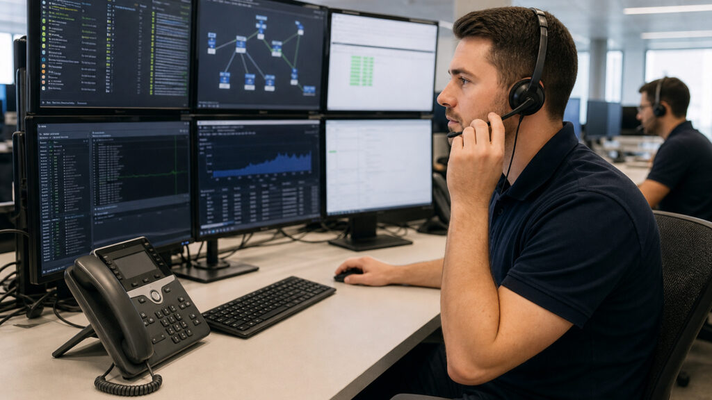 Editorial business scene illustrating enterprise voip systems workflow role