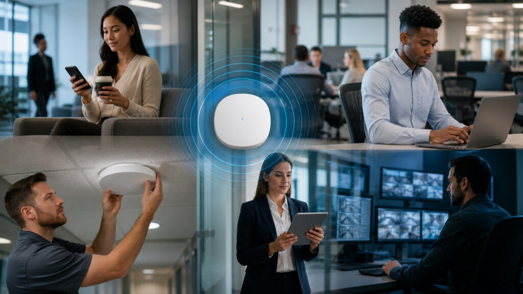 Editorial business scene illustrating enterprise wifi systems permission structure