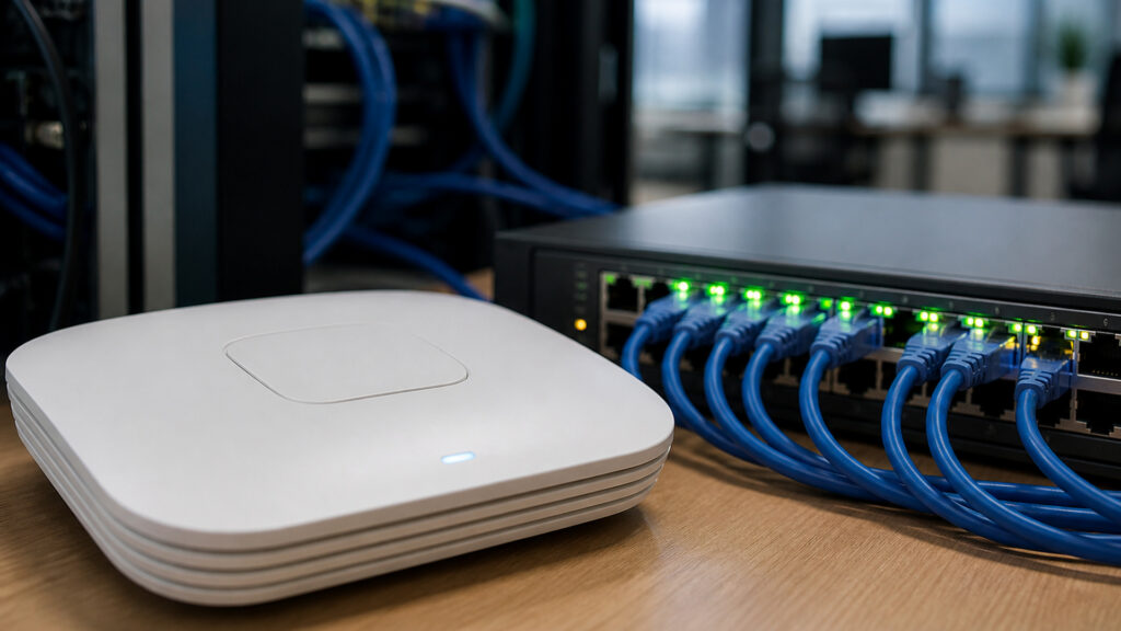 Editorial business scene illustrating enterprise wireless access points data flow