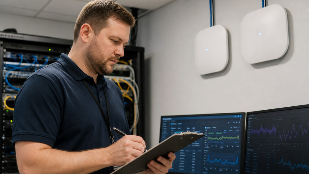 Editorial business scene illustrating enterprise wireless access points workflow role