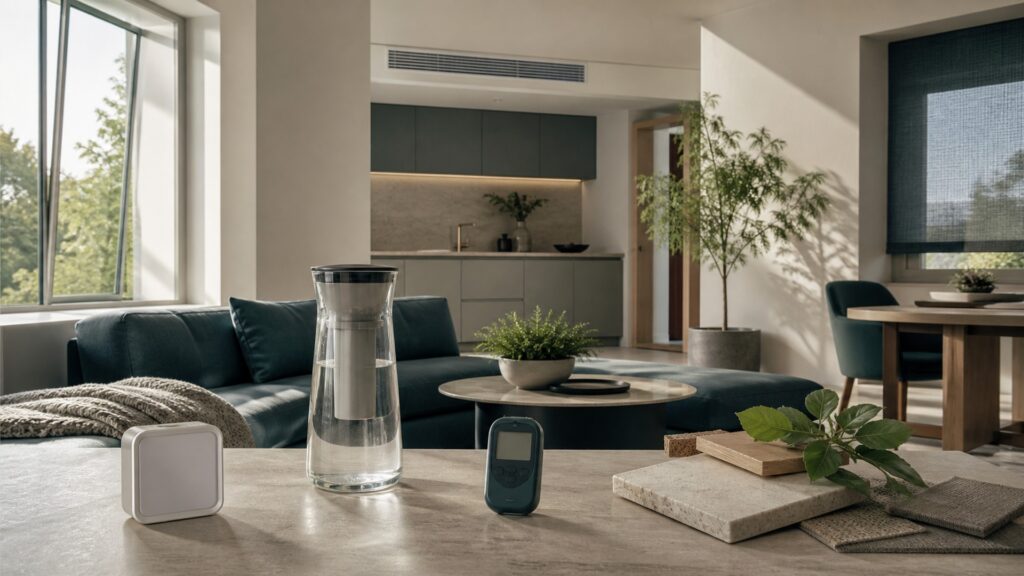 People-free home environment showing open window, water filter, ventilation grille, shade, and clean household materials