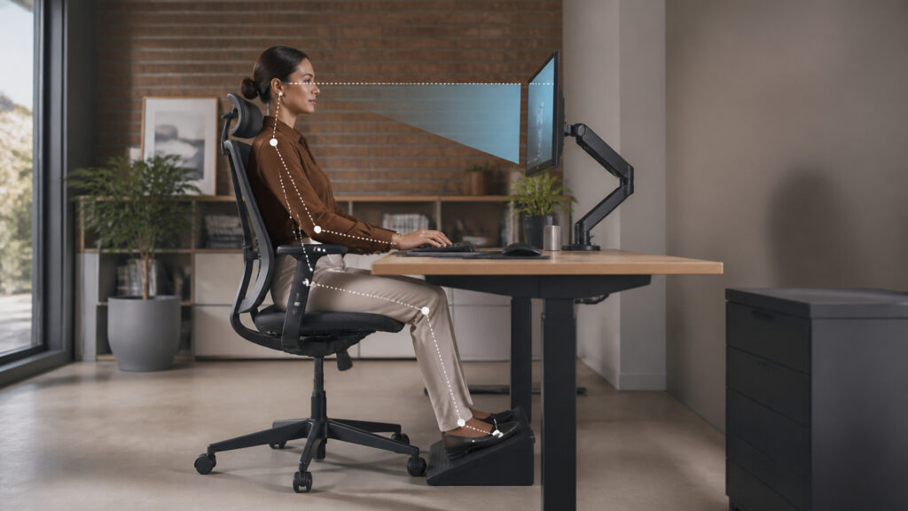 Editorial business scene illustrating ergonomic equipment