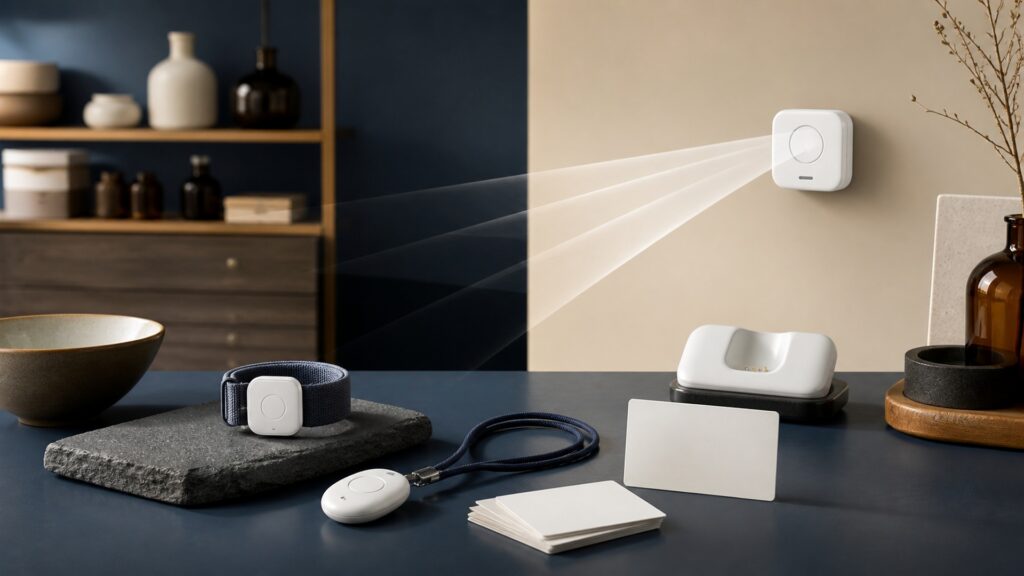 People-free editorial still life illustrating sensor placement validation sensitivity false alarms cancel window immobility location delay power charging gaps connection and privacy
