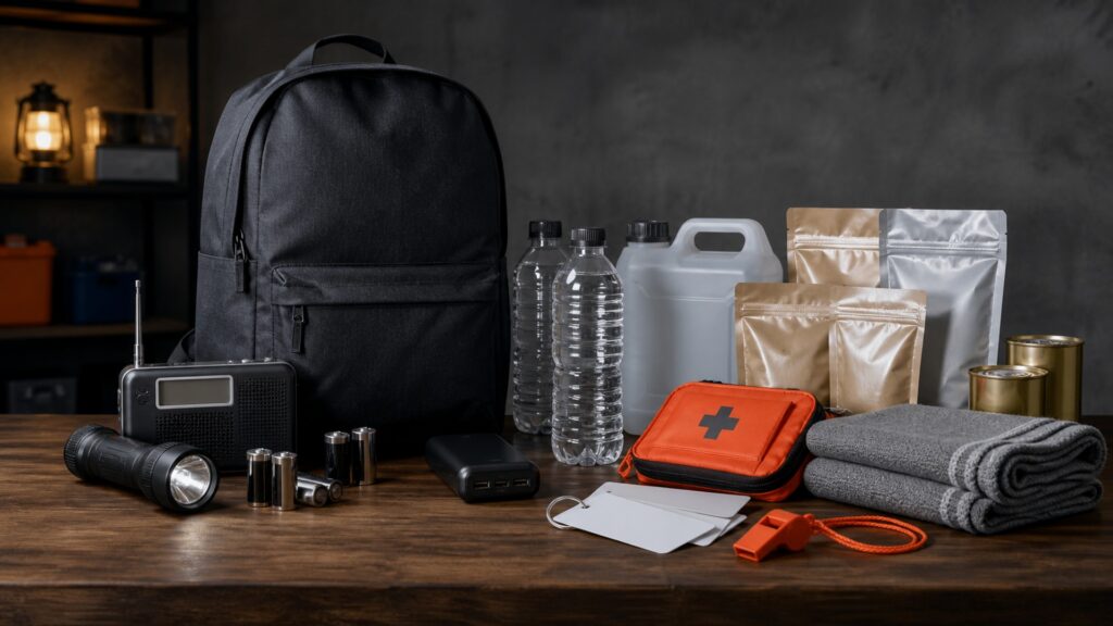 People-free organized family preparedness station with emergency supplies, blank contact cards, flashlight, radio, water, and medication pouch