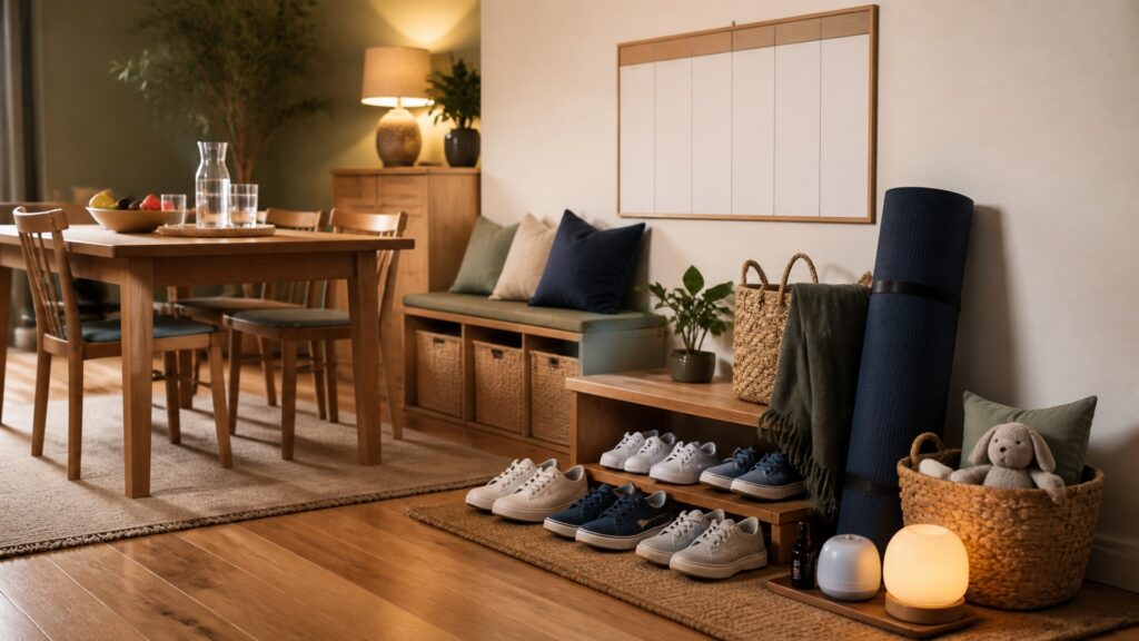 People-free family wellness scene with shared meal table, walking shoes in varied sizes, sleep routine items, and blank weekly board
