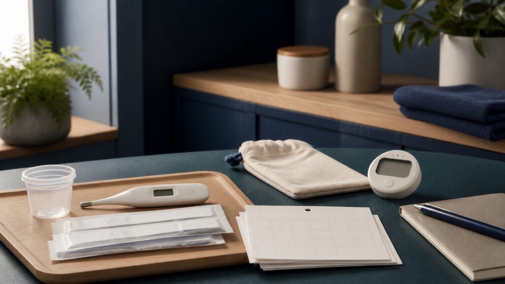 People-free editorial still life illustrating read prepare time test record dispose and review cycle