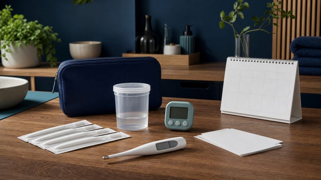 People-free editorial still life illustrating cycle day specimen window threshold variability medication and confirmation