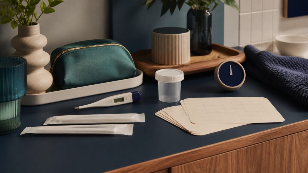 People-free editorial still life illustrating timing expiration privacy contraception-limit symptom and follow-up safety