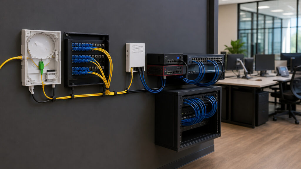 Editorial business scene illustrating fiber business internet data flow