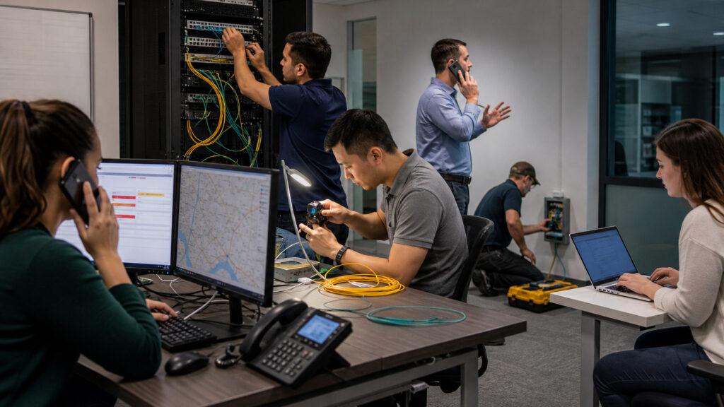 Editorial business scene illustrating fiber business internet workflow role