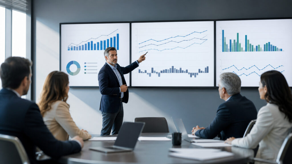 Editorial business scene illustrating financial reporting