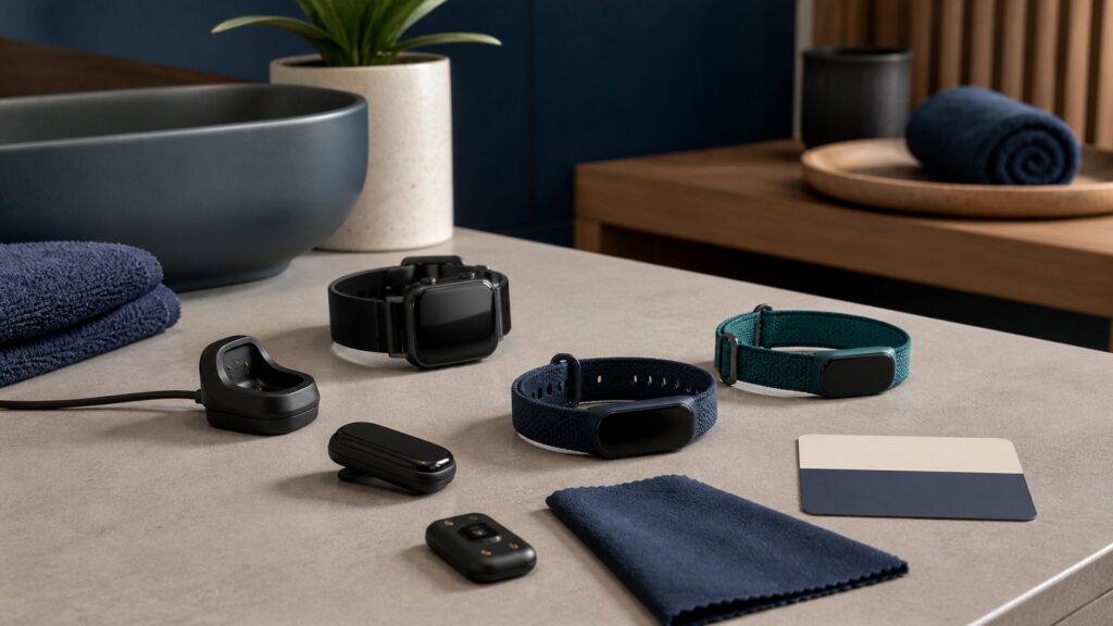 People-free editorial still life illustrating charge inspect fit select sync review clean and adjust cycle