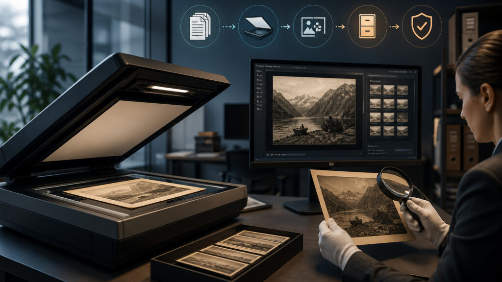 Editorial business scene illustrating flatbed document scanners data flow