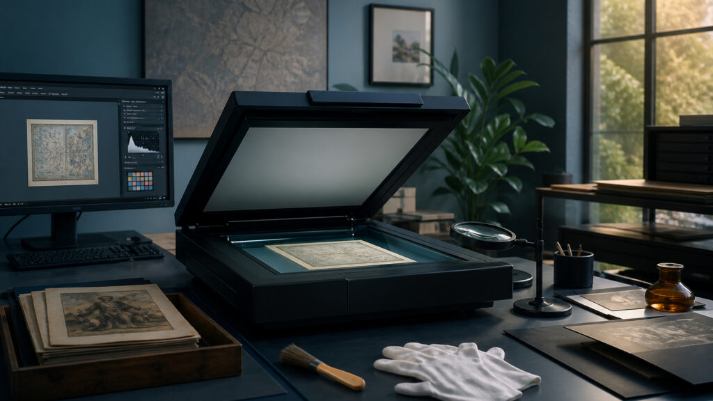 Editorial business scene illustrating flatbed document scanners operating model