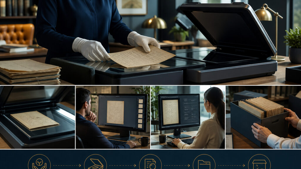 Editorial business scene illustrating flatbed document scanners workflow role