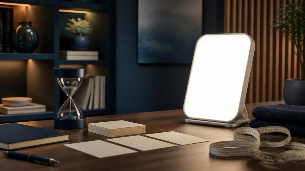 People-free editorial still life illustrating cue focus break review and adjust cycle