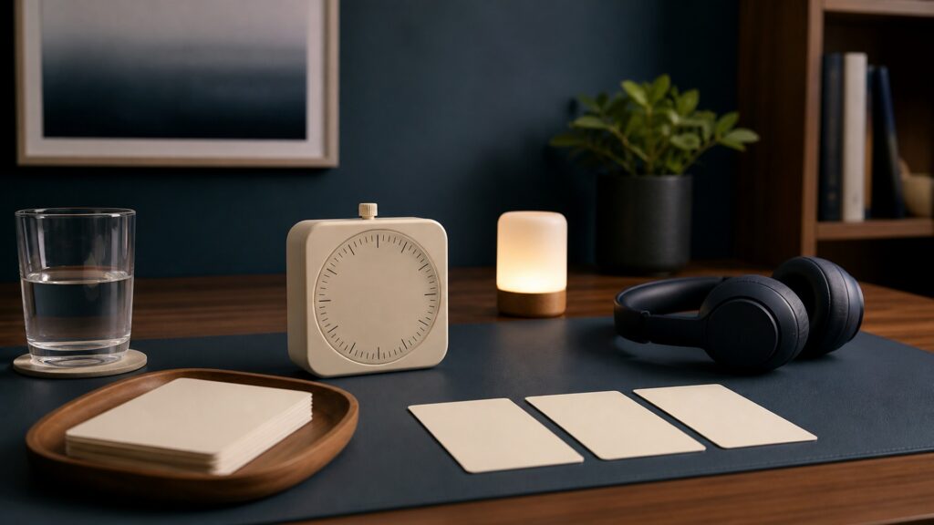 People-free editorial still life illustrating workload stimulation sleep and evidence boundaries
